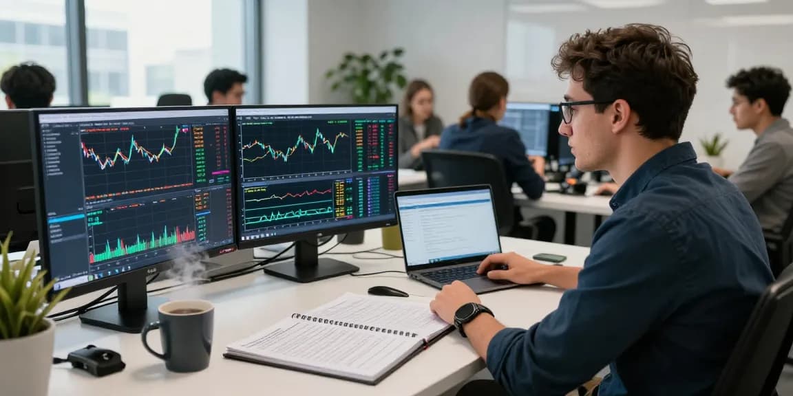 Trader using mt4 for forex analysis in a modern office setup.