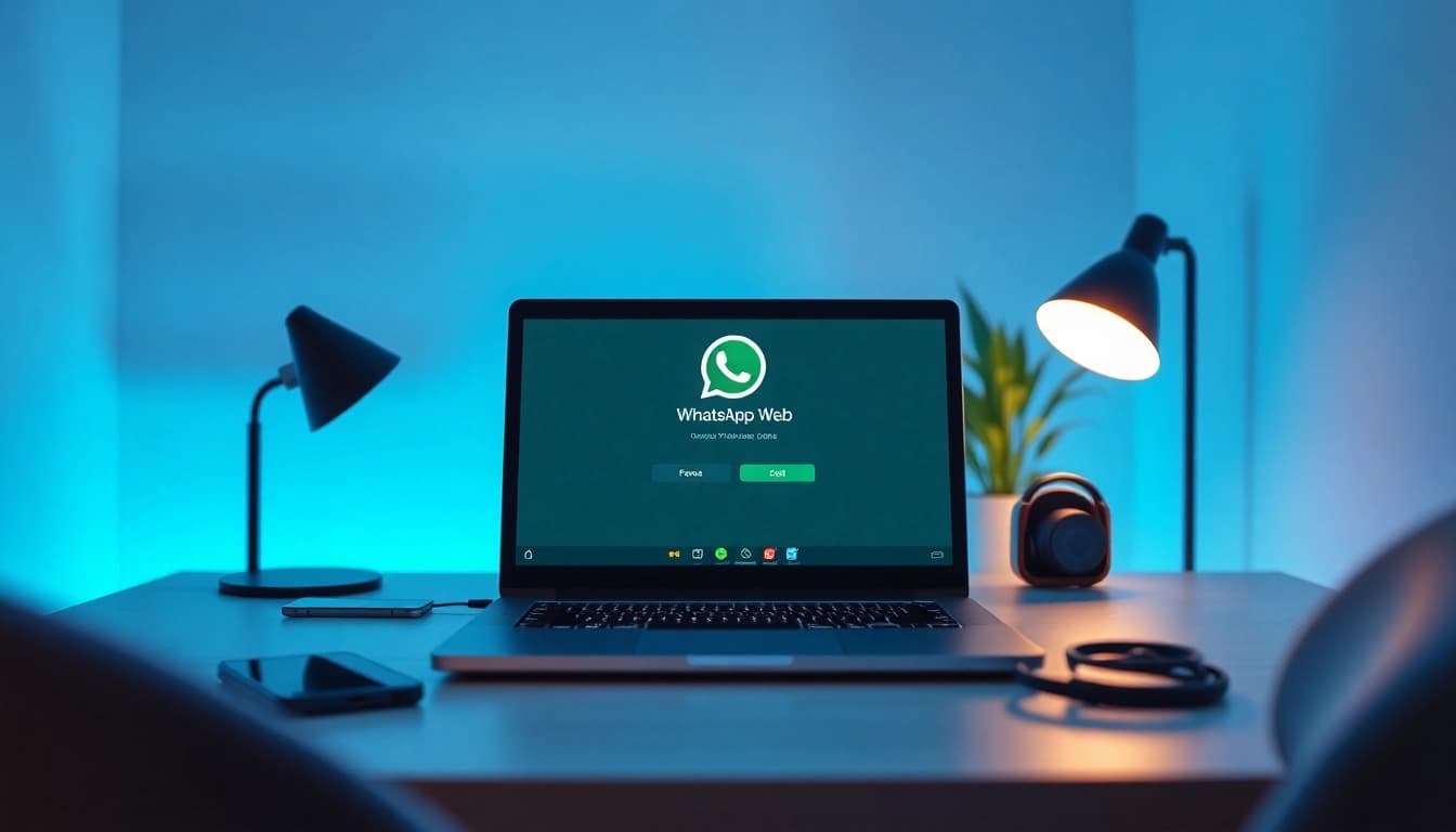 笔记本电脑上的 WhatsApp Web 界面，象征着快连VPN通信阵列