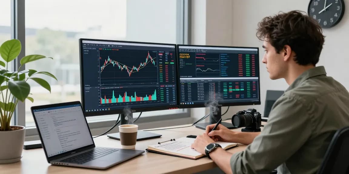 Trader using MetaTrader 5 in modern workspace analyzing market strategies and trades.