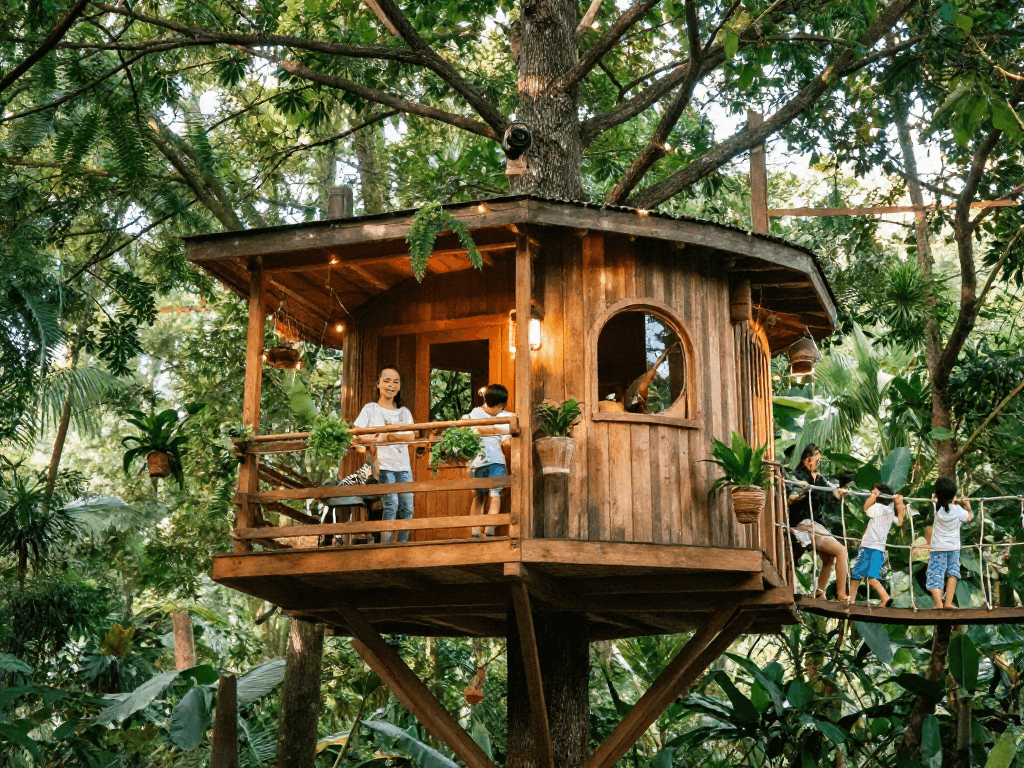 Family embracing tree house life with kids playing and enjoying nature.
