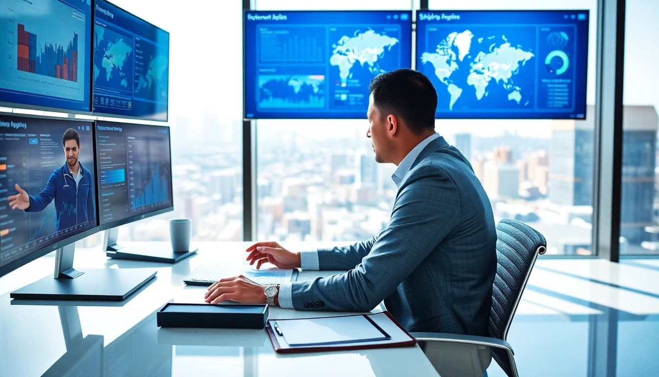 Logistics manager analyzing shipment data in a modern office setting with advanced technology.