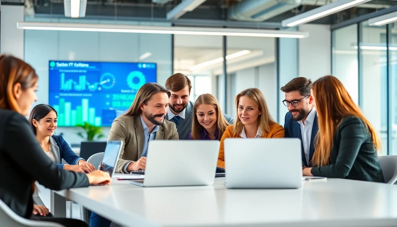 Explore managed IT services near me with a diverse IT solutions team collaborating professionally.