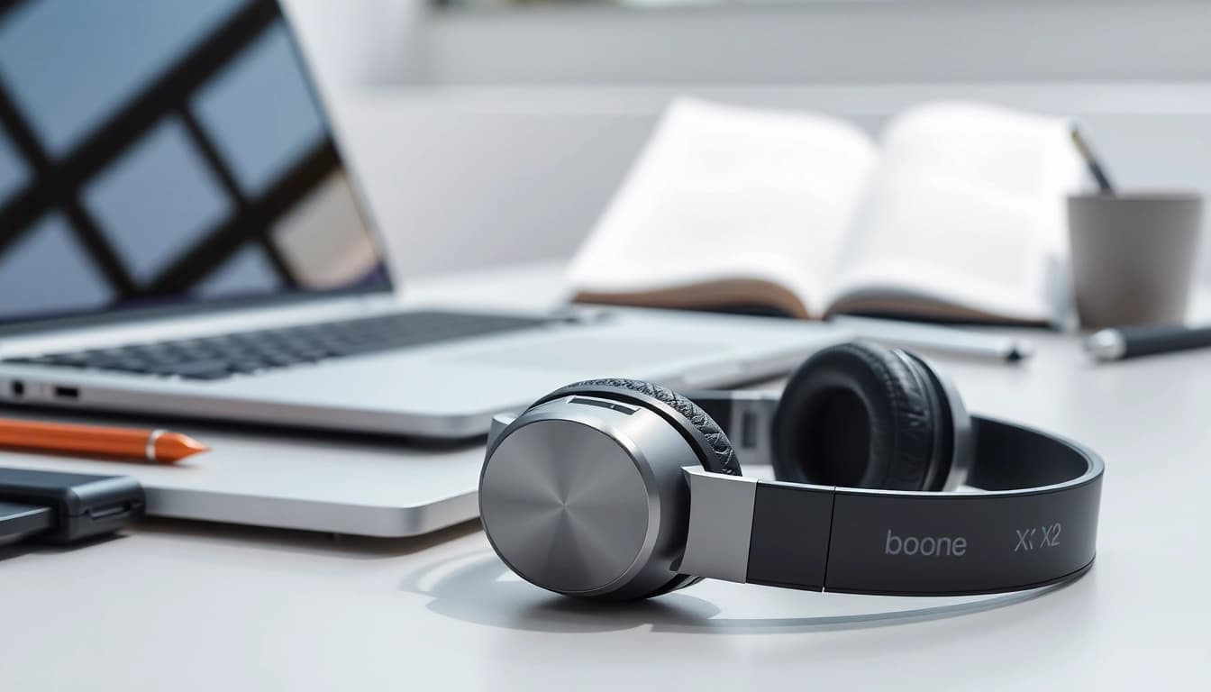 Showcase the Bone X2 Bone Conduction Headphones on a sleek workspace emphasizing their stylish design.