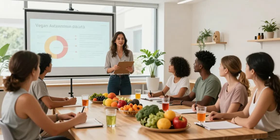 Engaging workshop on vegan astaxanthin benefits with diverse participants and colorful superfoods.