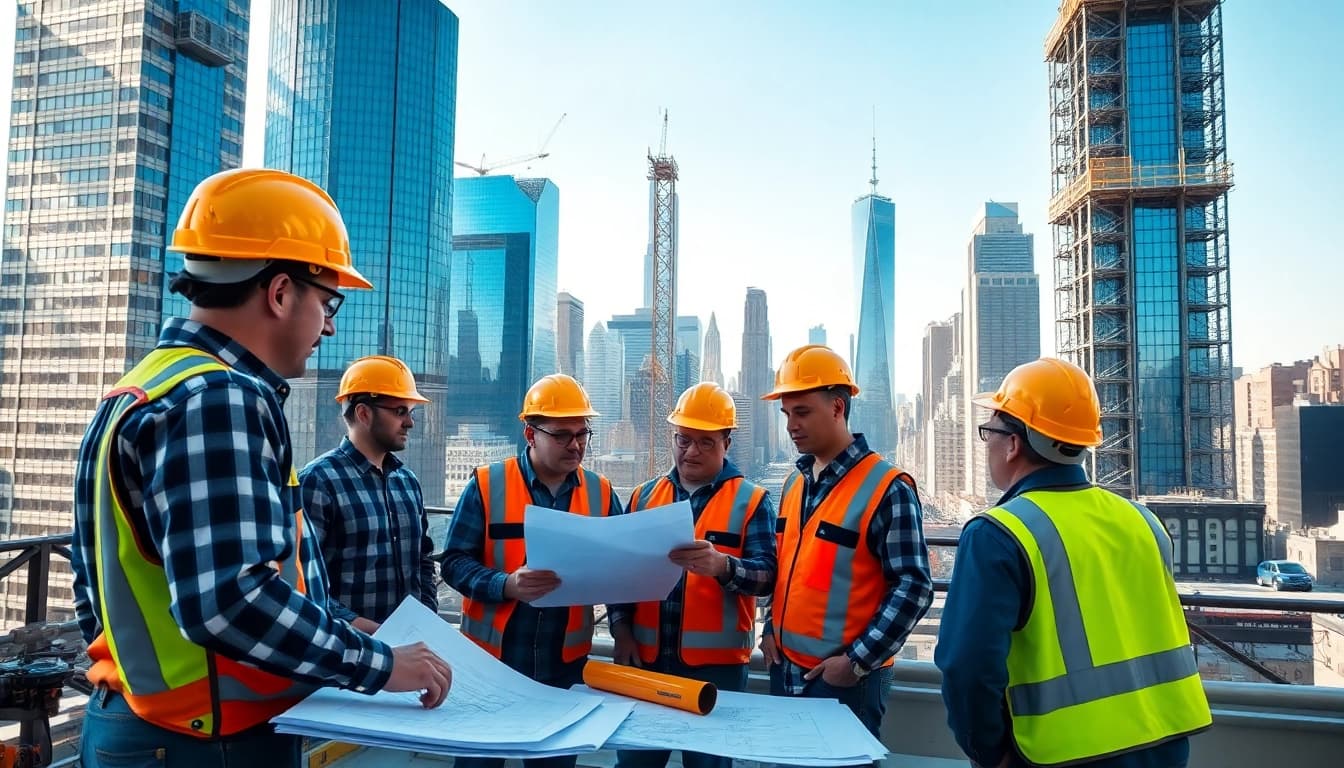 Showcase a New York City Commercial General Contractor team working on a significant urban construction project.