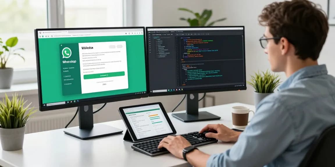 Developer using WhatsApp網頁版 on dual monitors in a tech workspace