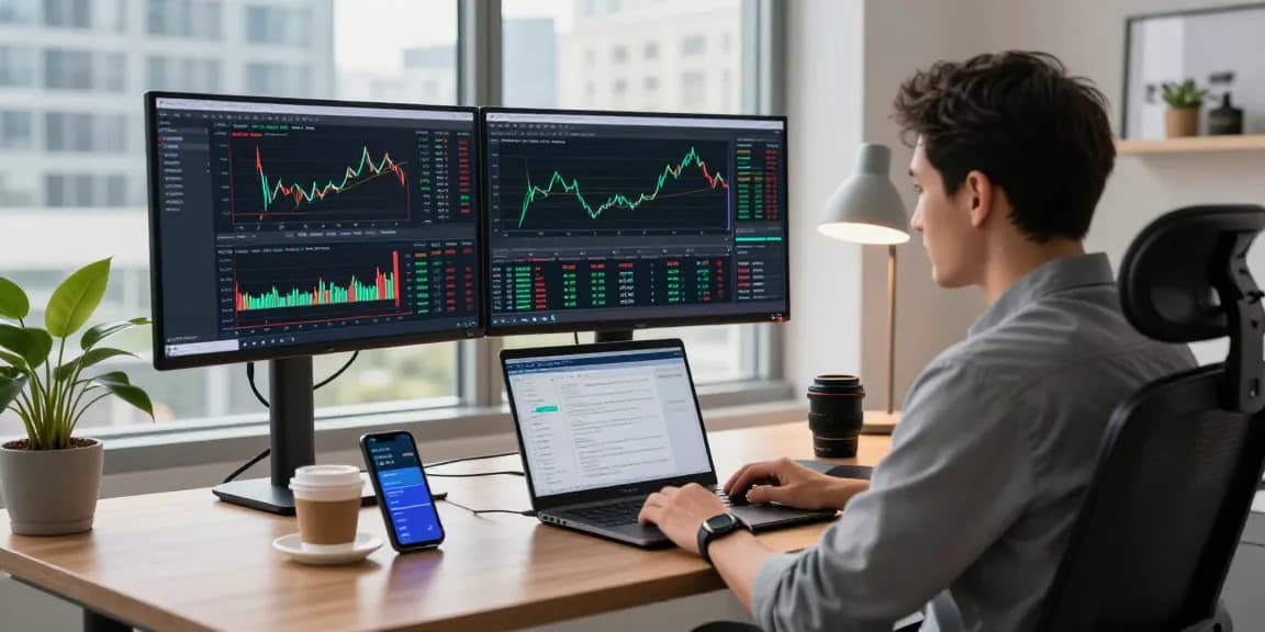 Trader analyzing MetaTrader 5 on multiple screens in a modern workspace