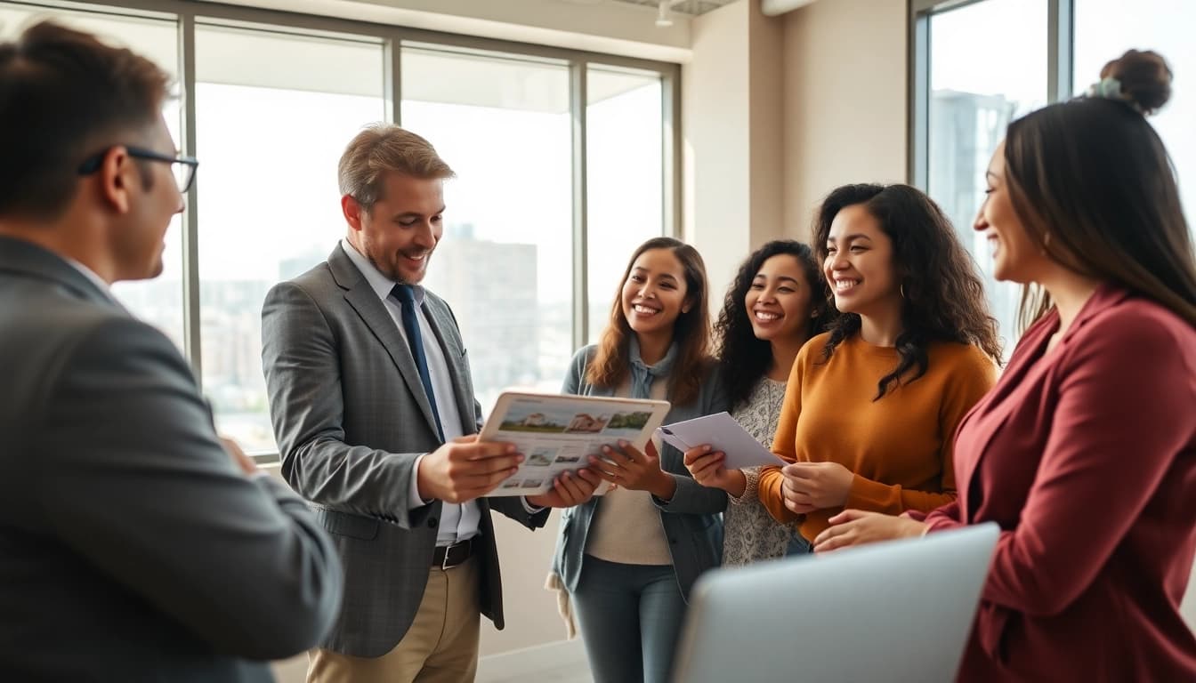Engage with professional real estate agent showing homes in a bright office setting.