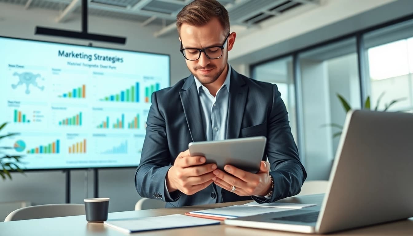 Marketing Consultant analyzing data in a modern office environment with digital analytics and charts.
