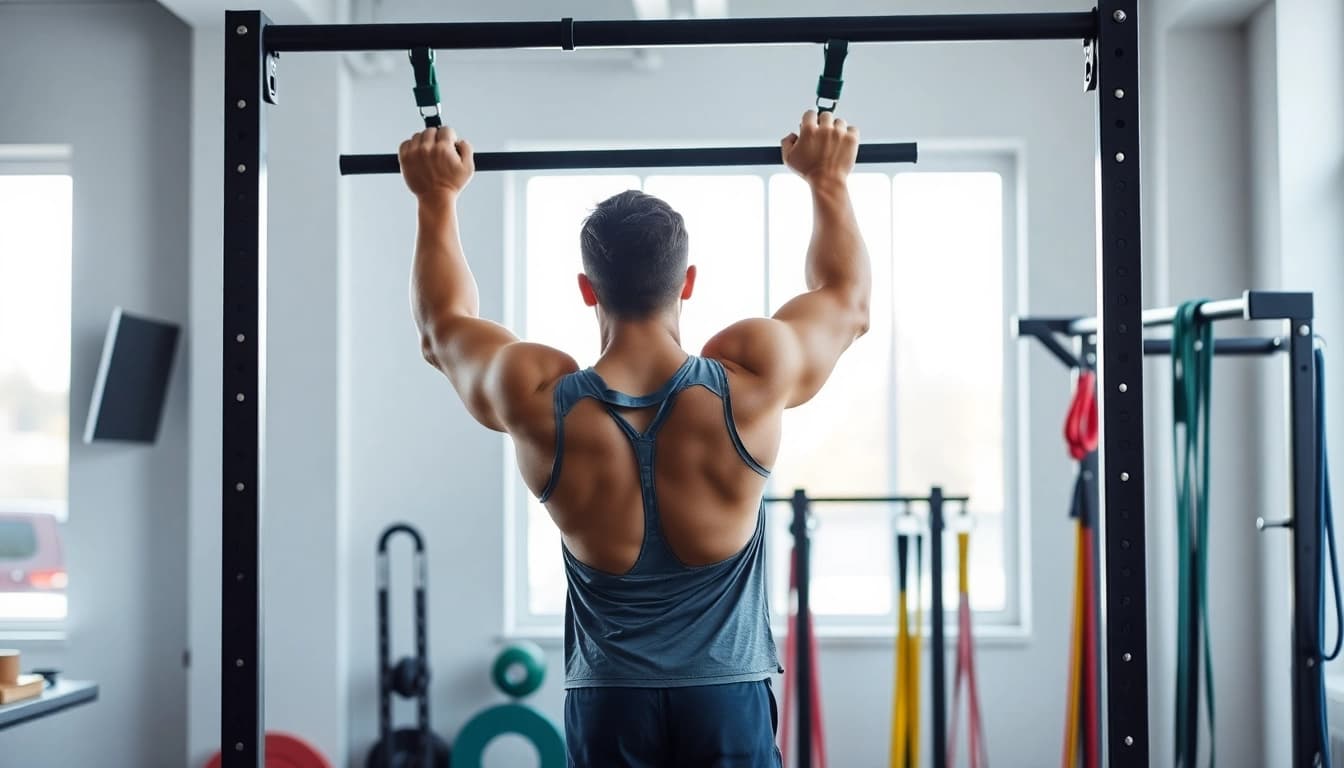 Fitness enthusiast performing assisted pull-up bands exercise in a bright gym setting.