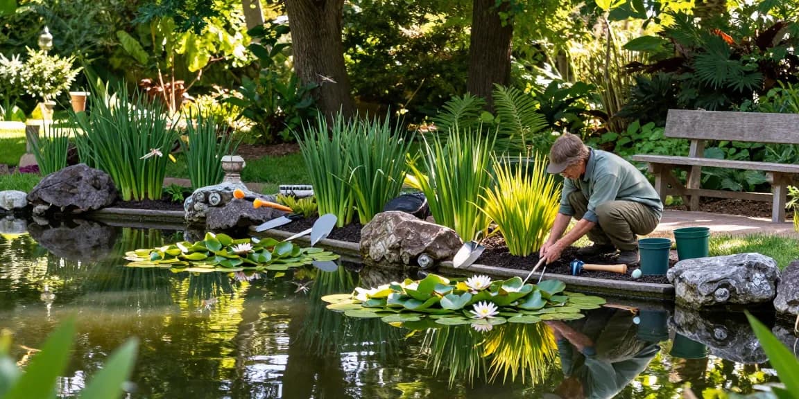 Pond plants thriving in a tranquil garden pond setting with vibrant colors and lush greenery.
