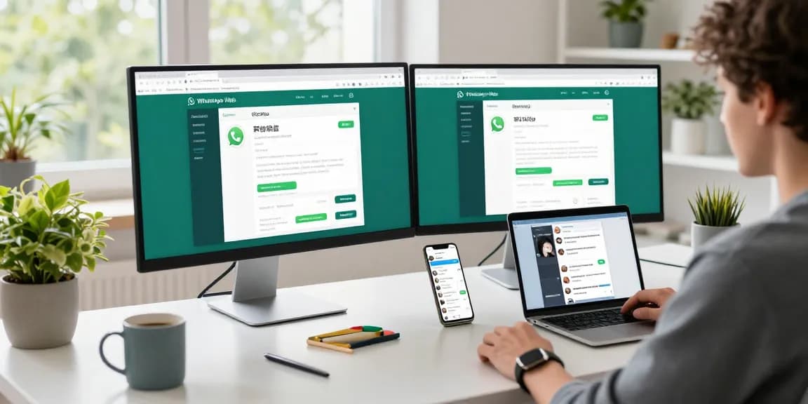 Using WhatsApp網頁版 on desktop in modern home office, showcasing productivity and connectivity.