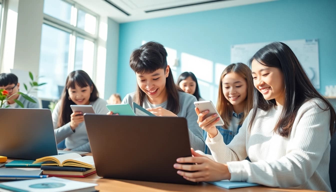 Youdao translation app in a modern educational setting with students learning collaboratively