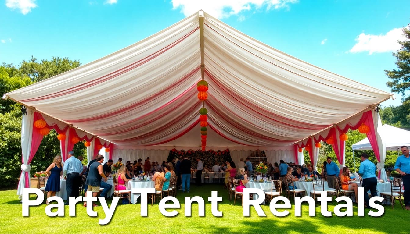 Guests celebrating under a beautiful party tent rental, showcasing vibrant decorations and joyful ambiance.