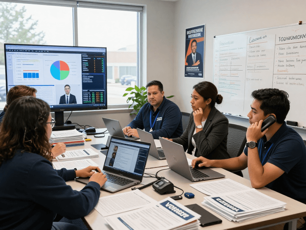 Team using a power dialer for campaigns in a busy political office environment.