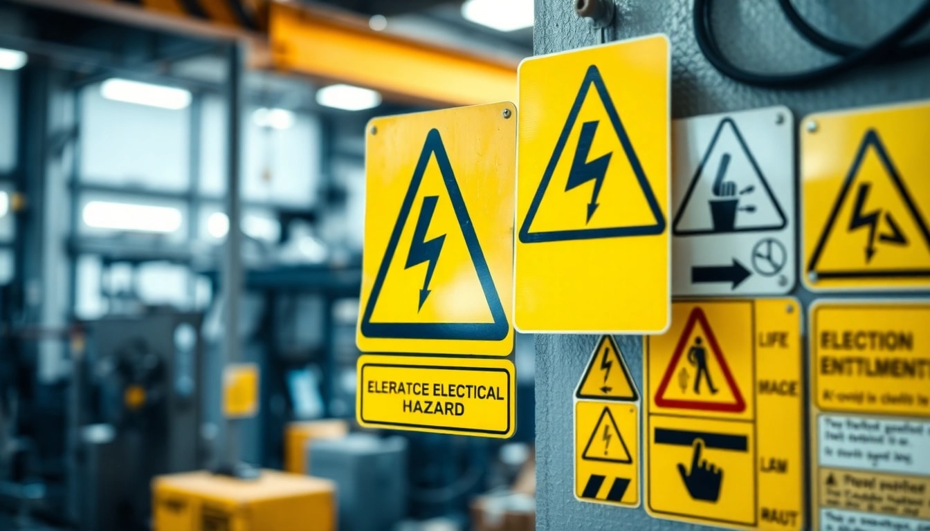 Prominent electrical signs indicating safety hazards in an industrial setting.