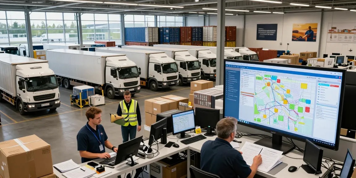 LTL Transport von Dortmund: Logistikzentrum mit aktiven Mitarbeitern und Transportfahrzeugen.