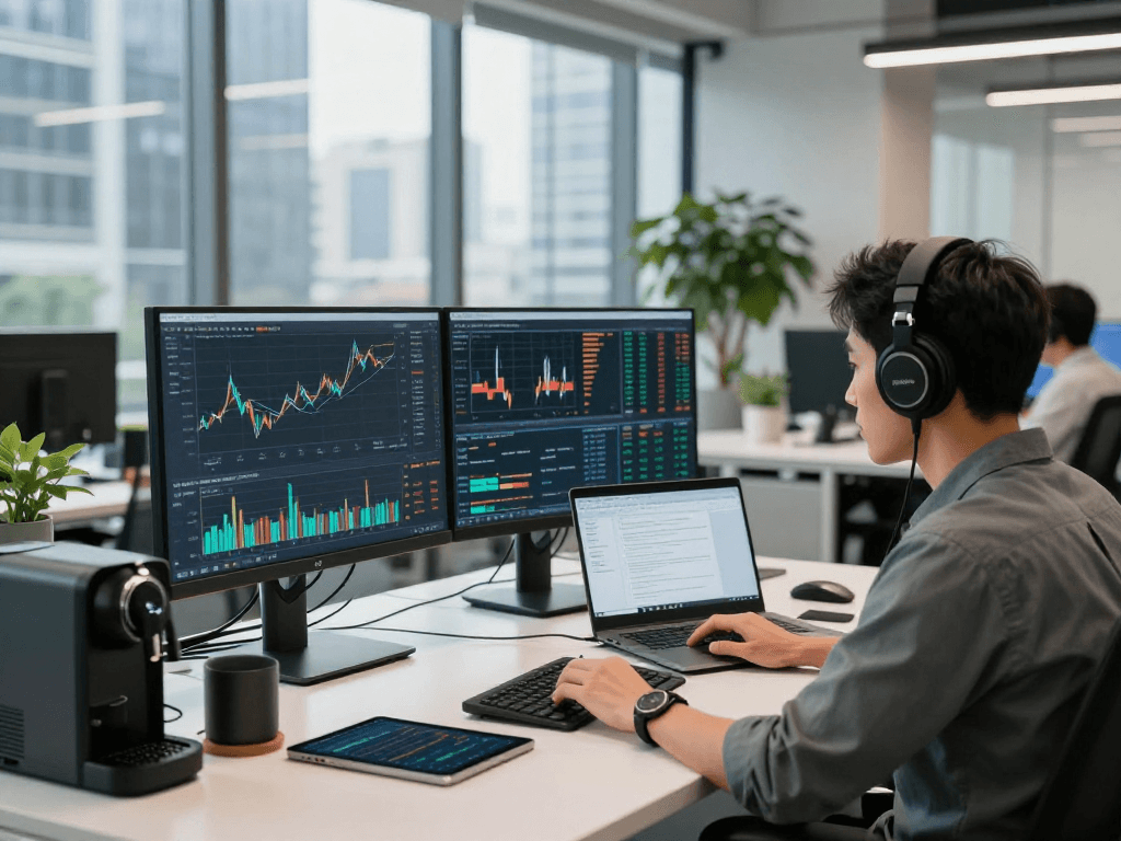 Real-time analysis with the futures high frequency tick API in a modern trading office.