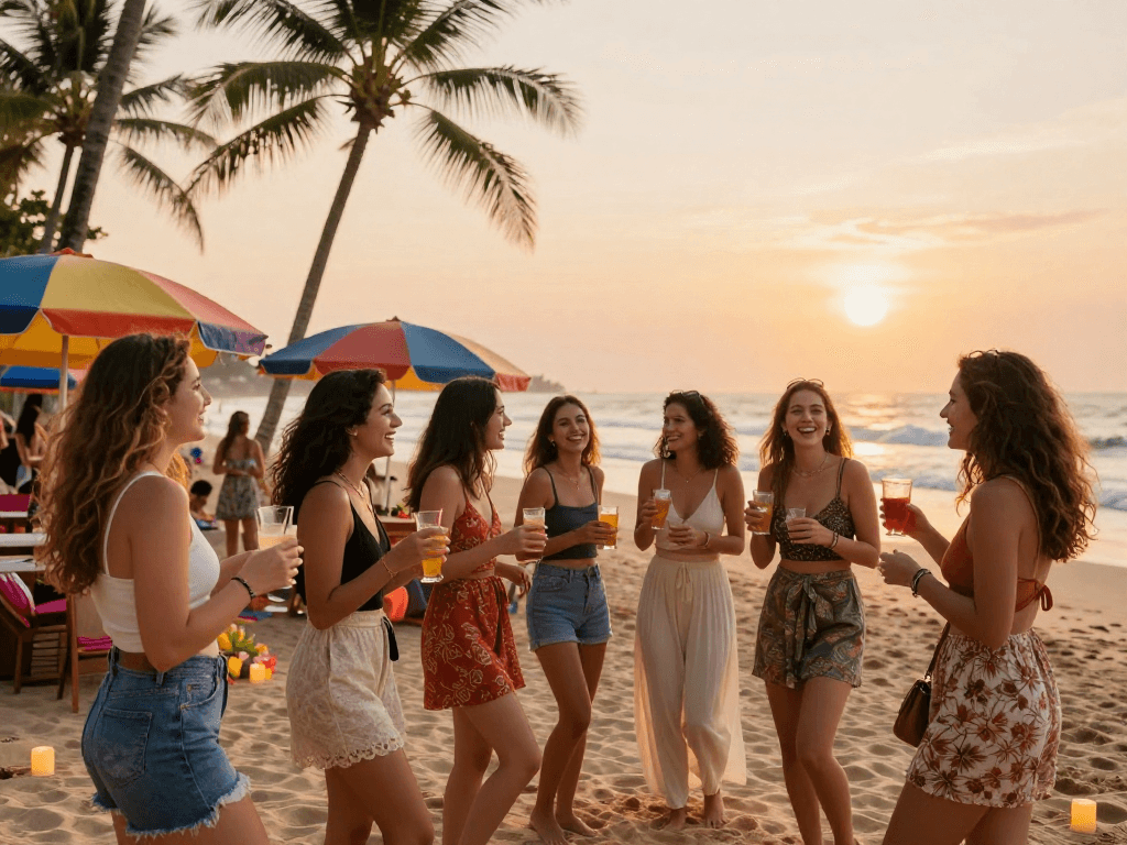 Goa call girls enjoying a sunset beach party atmosphere with drinks and laughter.