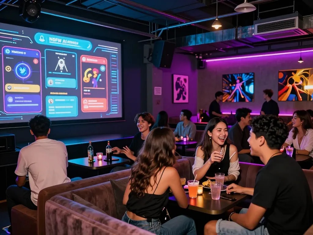 Group enjoying AI +18 interactive nightlife experience with vibrant lights and digital displays.