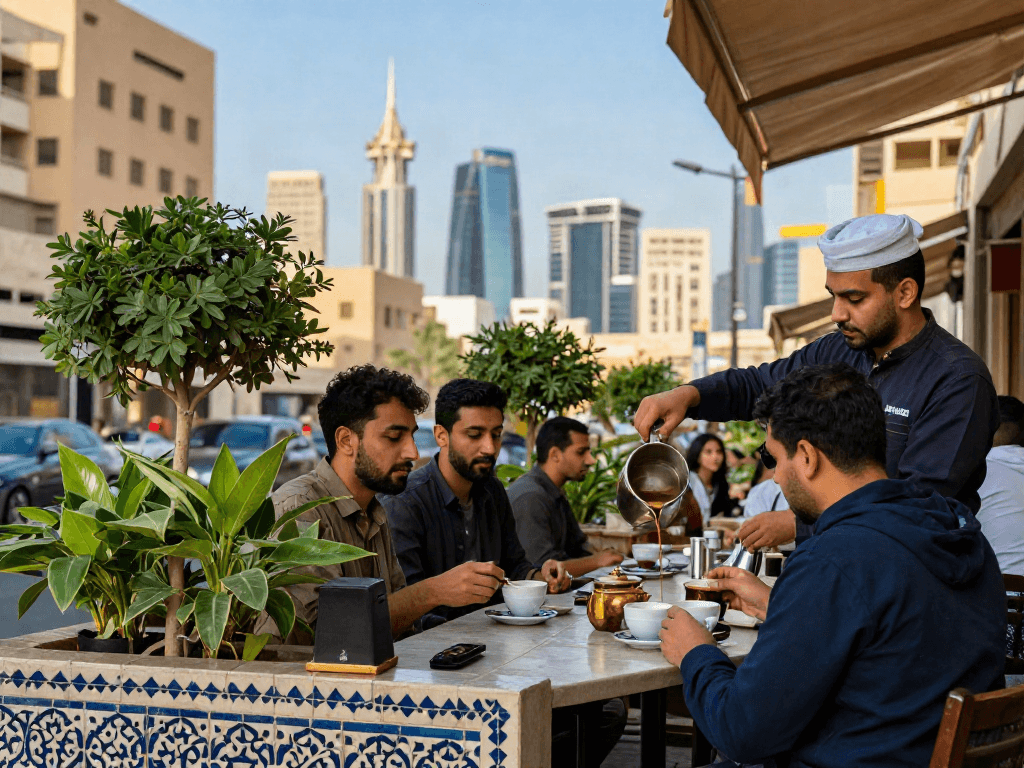 تجربة قھوجي في الریاض بأجواء مقهى جميلة، أشخاص يستمتعون بالقهوة العربية.