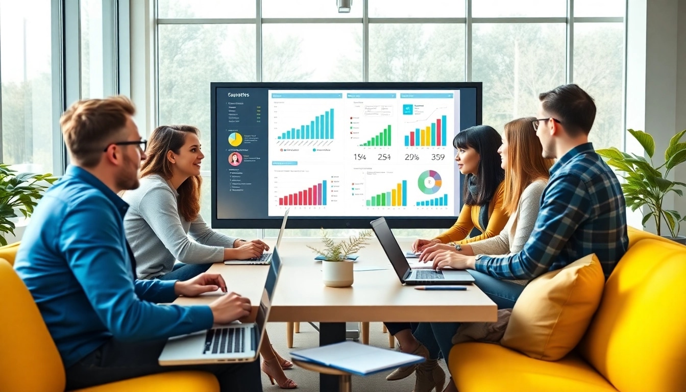 Collaborative team discussing smm services in a vibrant office setting