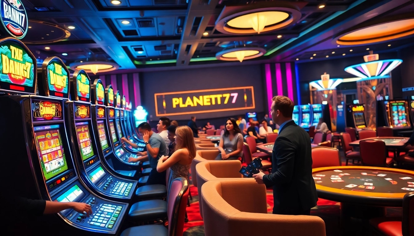 Permainan menarik di PLANET77 dengan pemain penuh semangat dan meja kasino yang mewah.