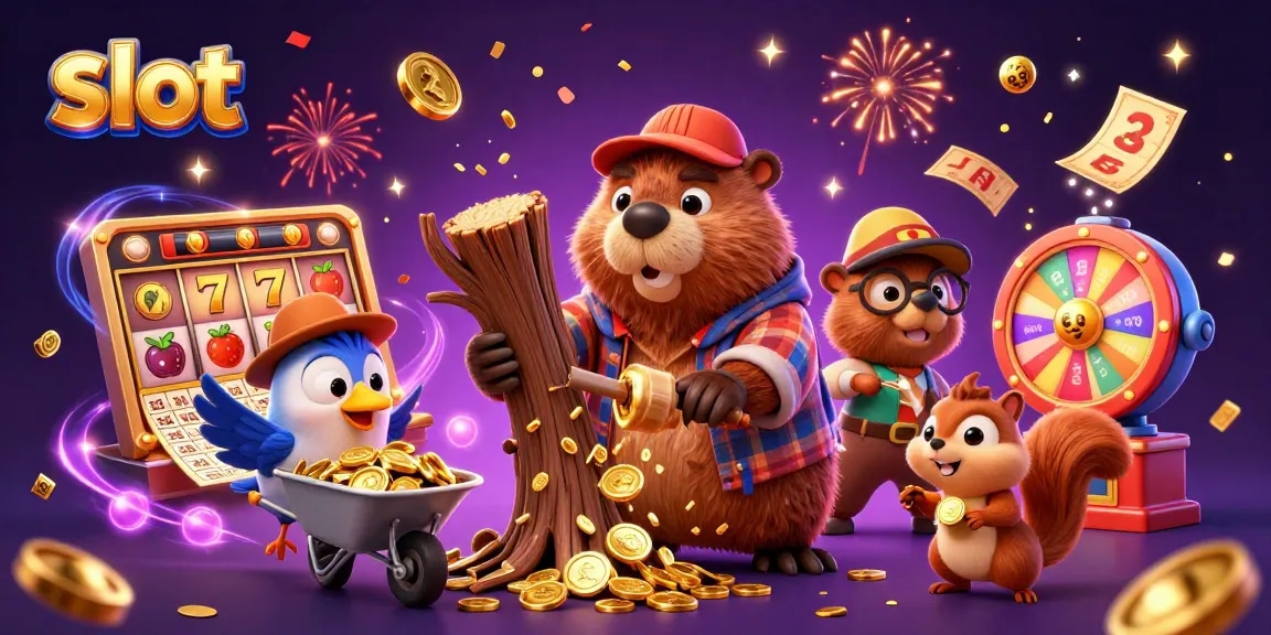 Slot online menampilkan beaver pemotong pohon yang menghasilkan koin emas, dikelilingi elemen perjudian.