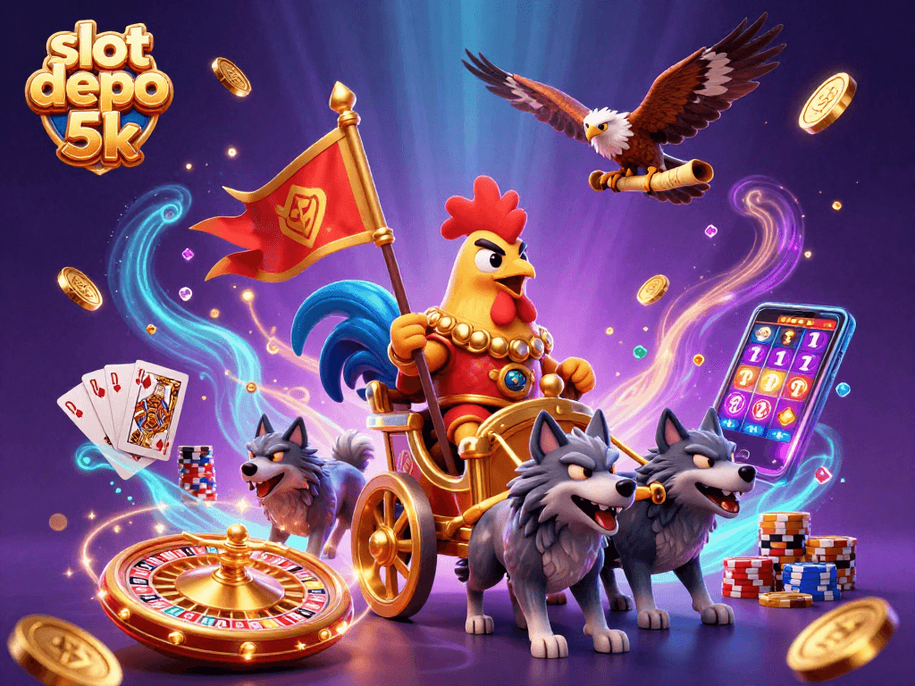 Engage in thrilling games like slot depo 5k with an epic 3D casino illustration featuring a rooster warlord.