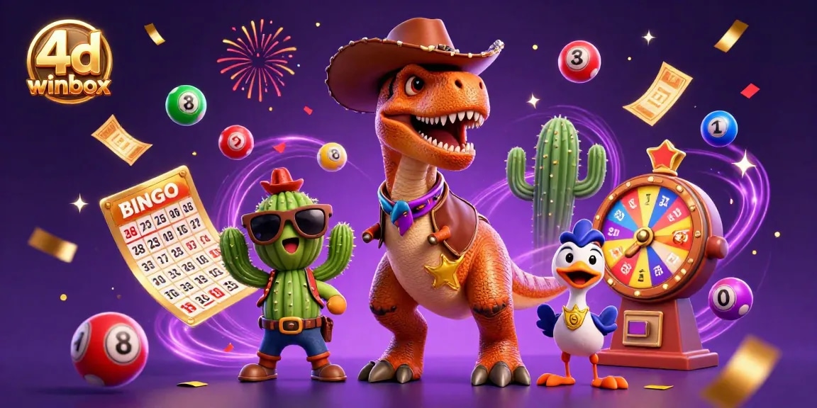 Experience the excitement of 4d winbox with a dynamic lottery scene featuring colorful balls and engaging characters.