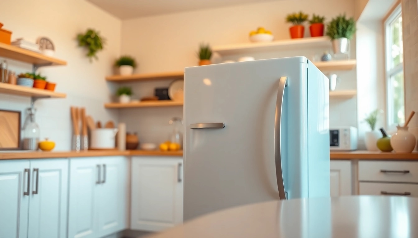 Showcase an affordable mini fridge and freezer in a stylish kitchen setting emphasizing modern design.