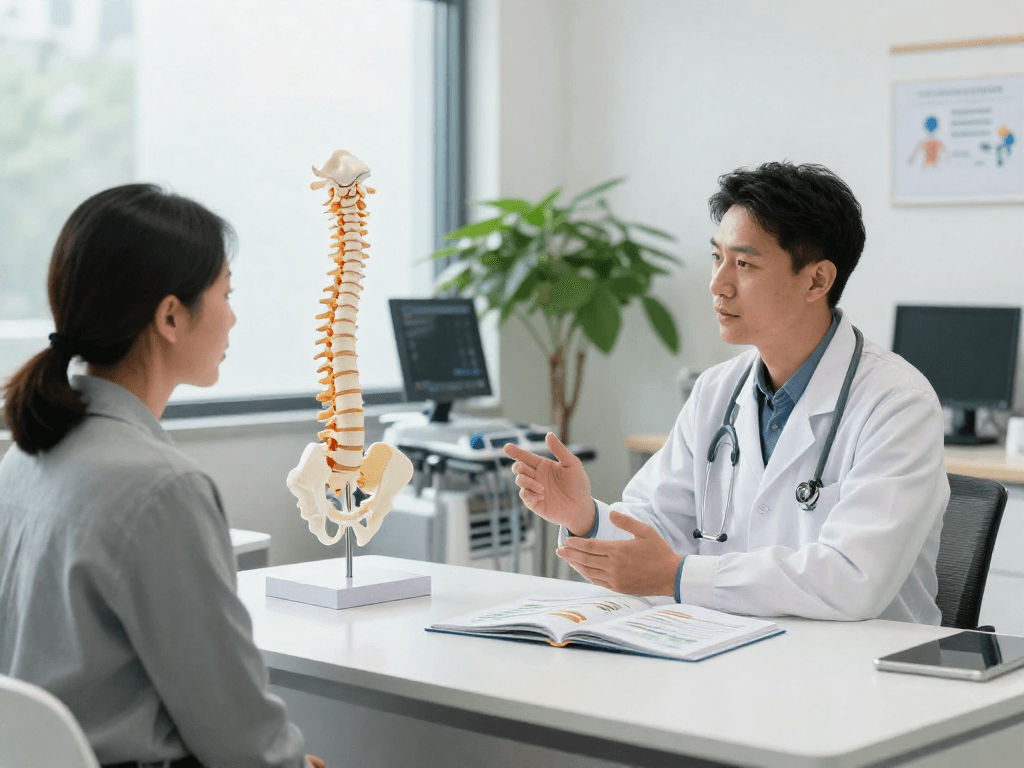 Bel fıtığı ameliyatı consultation with patient and doctor in modern medical office.
