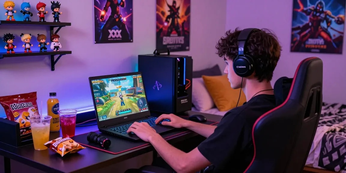 Playing exciting xxx games in a cozy gaming setup with vibrant LED lights.