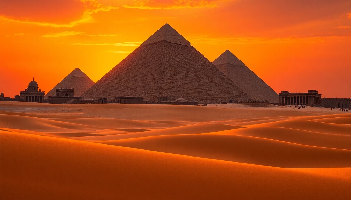 Explore the grandeur of the Great Pyramids of Giza at sunset on https://piraminds.com/ with ancient temples in the background.