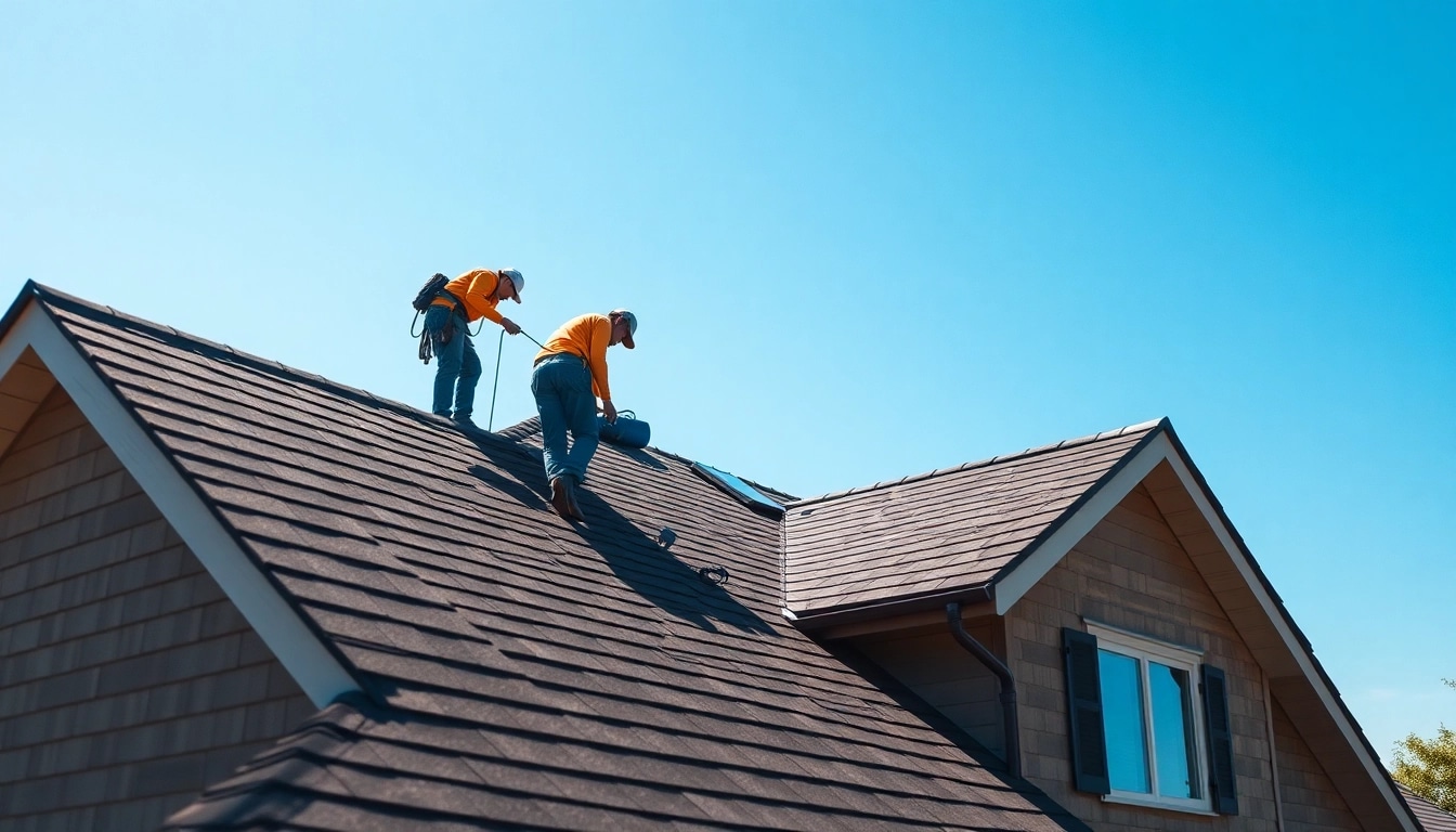 Showcasing professional roofing services in action with a skilled team on a residential roof.