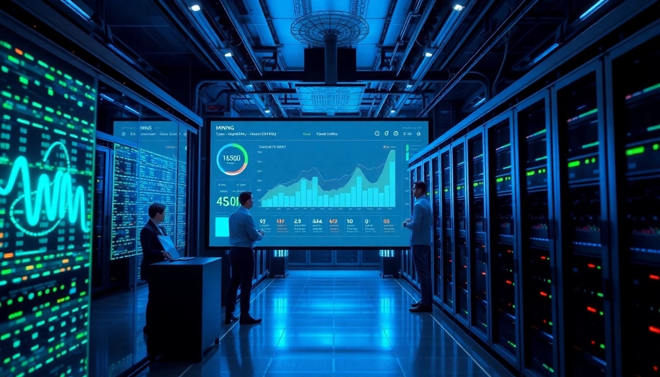 Visual representation of top cloud mining in a modern tech environment with advanced mining rigs and a digital interface.