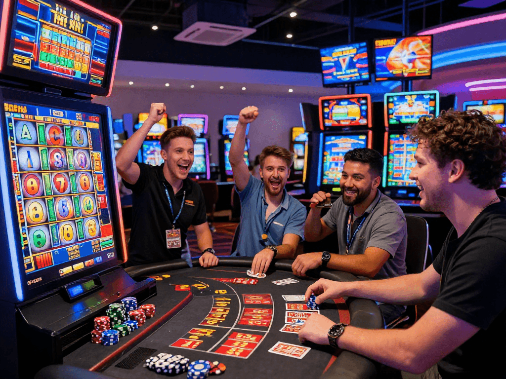 Exciting scene of players at credit card casinos UK enjoying engaging games and vibrant casino atmosphere.