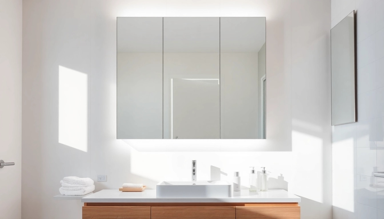 A mirrored bathroom cabinet with light showcases elegant design and integrated LED features in a modern bathroom.