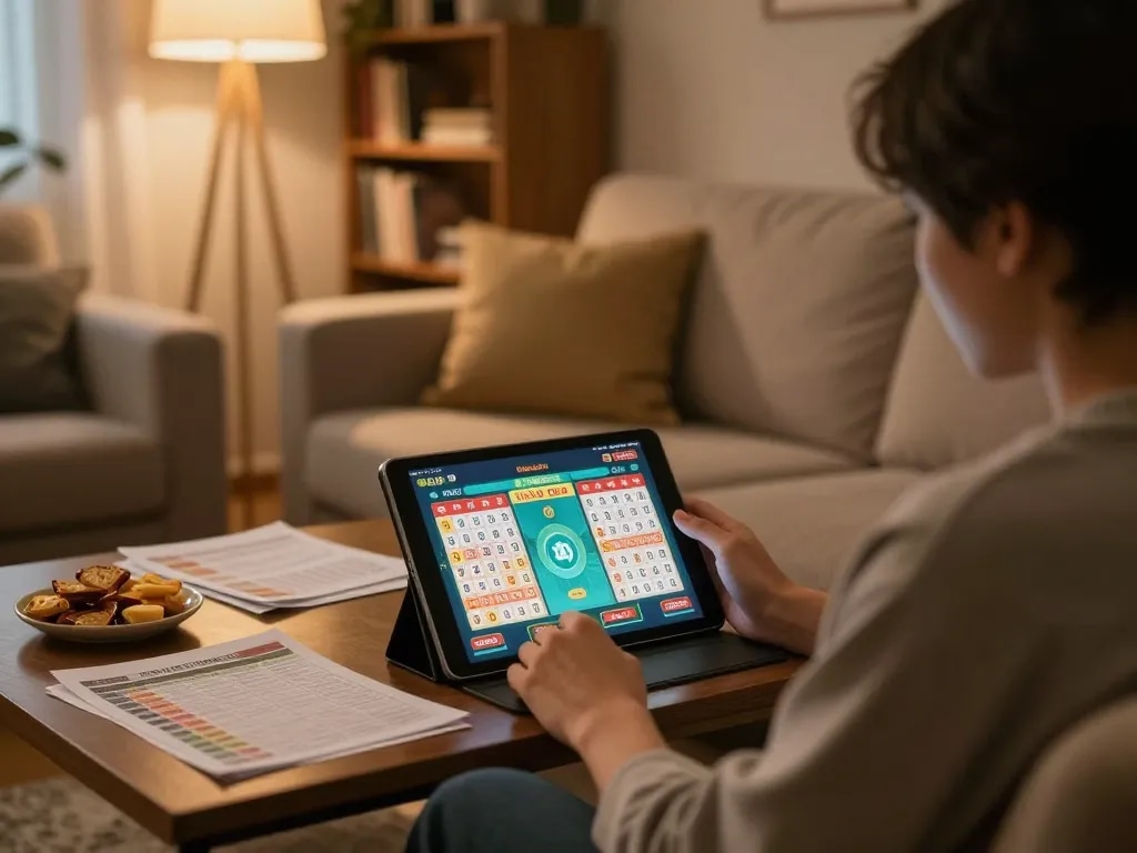 Berinteraksi dengan permainan toto togel online di tablet dalam suasana rumah yang nyaman.