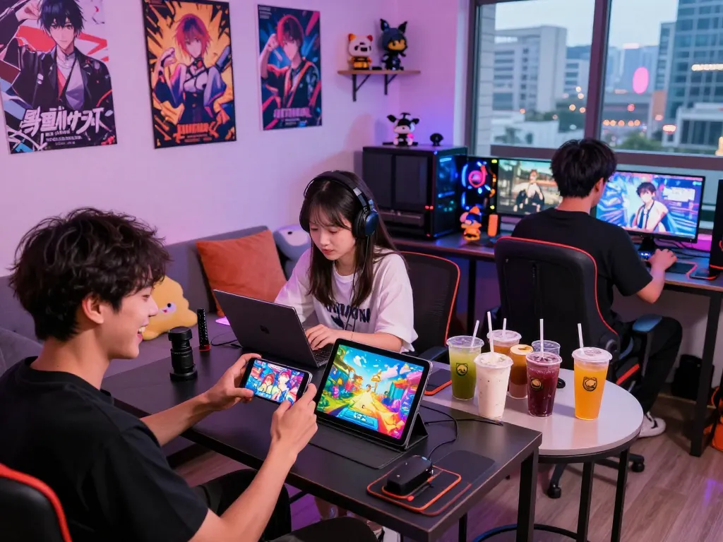 Players enjoying immersive porn games online in a lively gaming lounge.