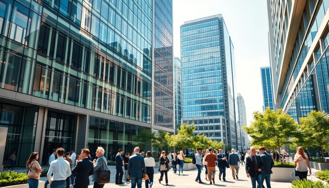Illustration of urban commercial buildings emphasizing Real Estate Finance and professional networking.