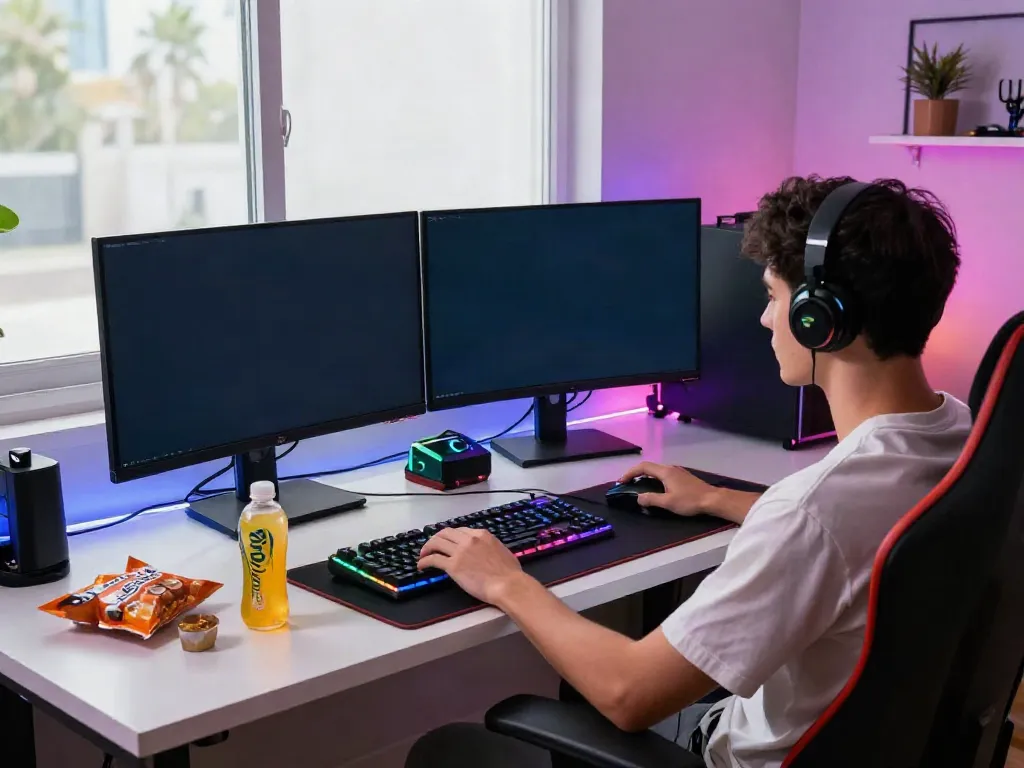 G15Tools gaming setup with dual monitors, RGB keyboard, and vibrant accessories in a cozy home office.