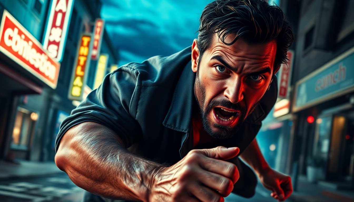 Heroic figure navigating a gritty urban landscape, capturing the essence of thrillers like Jack Reacher.