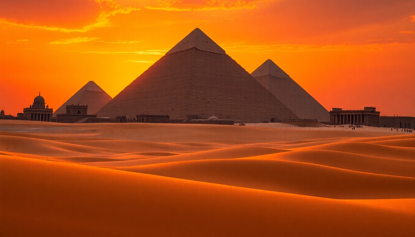 Explore the grandeur of the Great Pyramids of Giza at sunset on https://piraminds.com/ with ancient temples in the background.