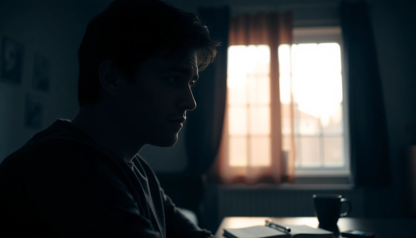 Individual exhibiting depression symptoms in a softly lit room, reflecting deep contemplation.