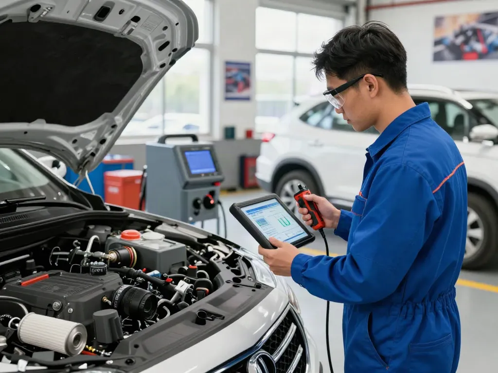 Mechaniker bei der DPF-Reinigung in einer modernen Werkstatt mit professionellen Werkzeugen.