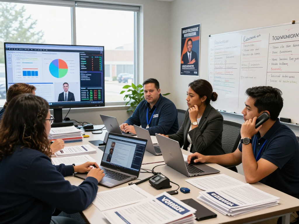 Team using a power dialer for campaigns in a busy political office environment.