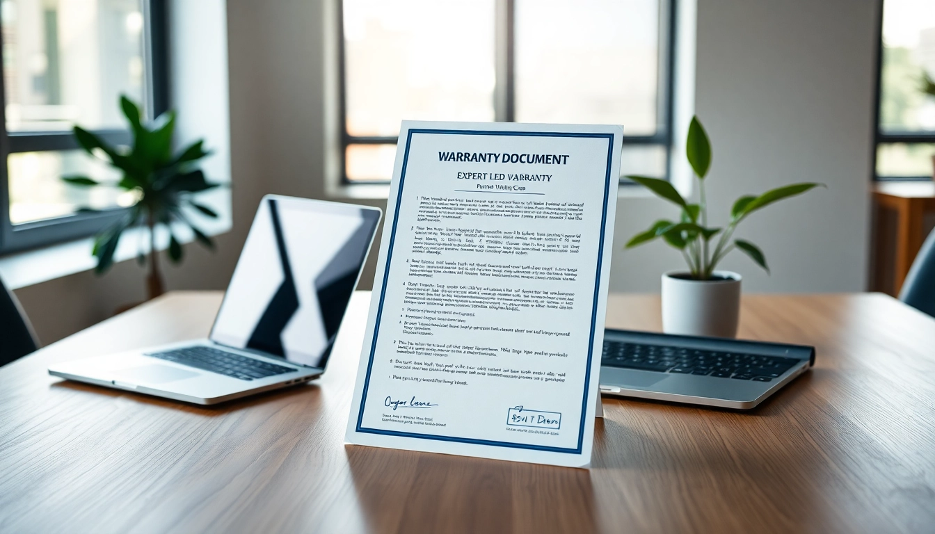 Promote the expert led warranty company with a professional warranty document in a modern office setting.
