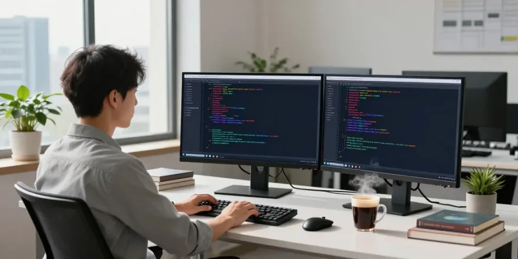 Developer in office with dual monitors showing Notepad++ code on https://notepad-app.co/.