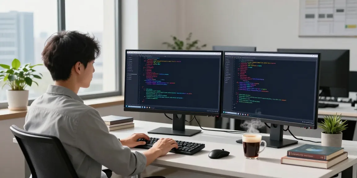 Developer in office with dual monitors showing Notepad++ code on https://notepad-app.co/.